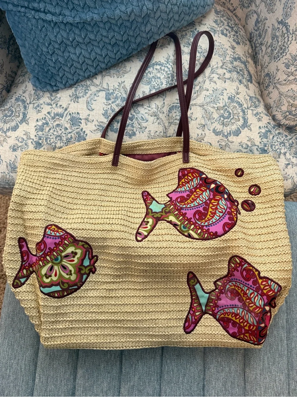 Vera Bradley Cream Straw Tote with Pink Paisley Fish Appliqués